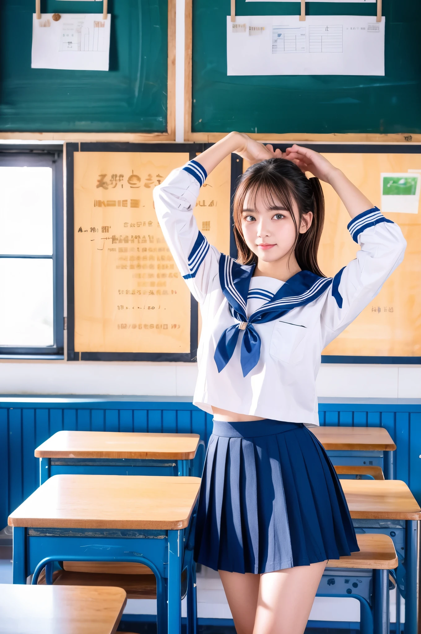 Raw photo , 1 girl  ,Wearing sailor uniform, (((ankle length skirt))), (( girl lifting skirt in the classroom)) , professional photographer, (hdr:1.4), masterpiece, ultra-realistic 8k, perfect artwork, intrincate details, cute face, award winning photograph, (Best quality, 8k, 32k, Masterpiece, UHD:1.3) ,
