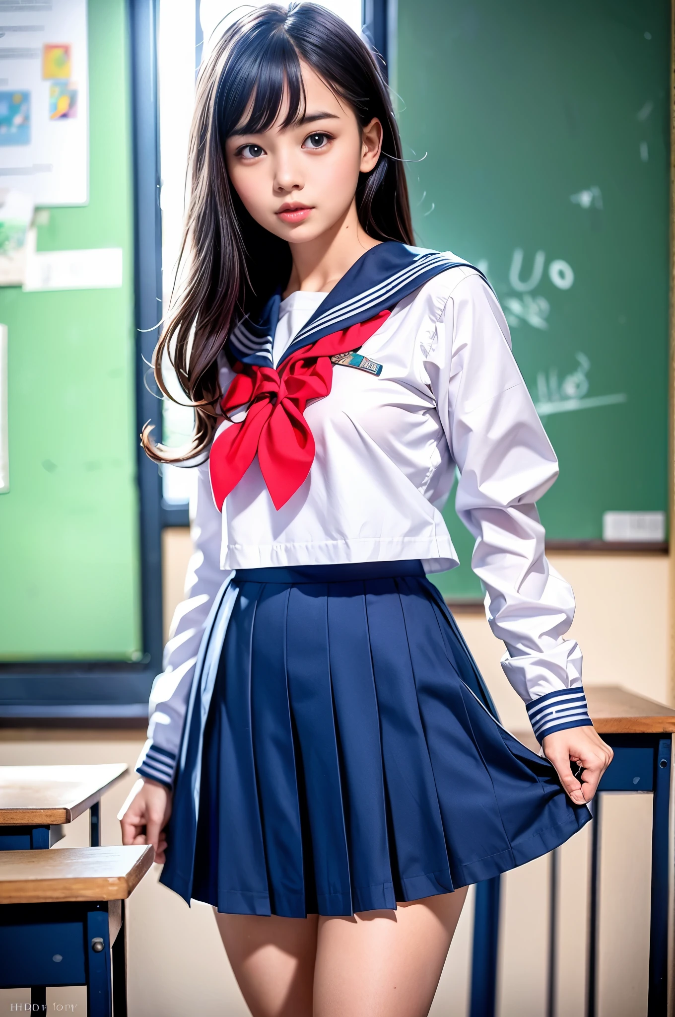 Raw photo , 1 girl  ,Wearing sailor uniform, (((ankle length skirt))), ((teen school girl lifting skirt in the classroom)) , professional photographer, (hdr:1.4), masterpiece, ultra-realistic 8k, perfect artwork, intrincate details, cute face, award winning photograph, (Best quality, 8k, 32k, Masterpiece, UHD:1.3) ,