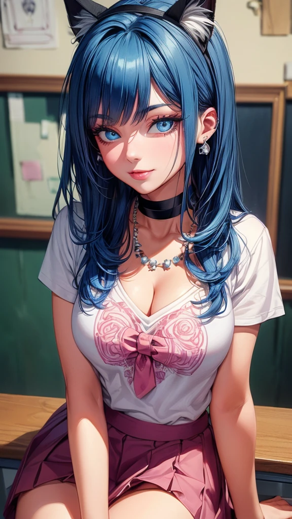 ((highest quality)),(ultra high resolution),(Super detailed),(detailed description),((best CG)),(best work of art),super precision art, great drawing art,(Art with precise details:1.5), 1 girl, solo, ((blue hair)), ((blue eyes)), beautiful face, long eyelashes, natural eyebrows, ((white t-shirt)), ((pink school skirt)), (looking at viewer), earrings, ear piercing, large breasts, thick thighs, cleavage, pale skin, flirty smile, juicy lips, posing sexily, sultry eyes, ((long bangs)), ((black choker, necklace)), (cat ears), close up, portrait, school, sitting on table