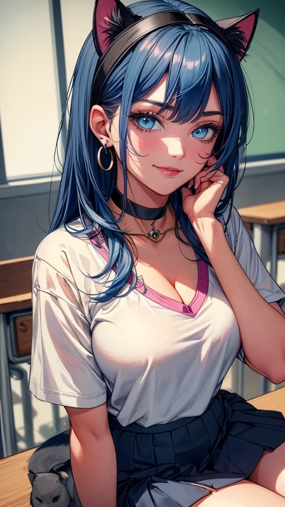 ((highest quality)),(ultra high resolution),(Super detailed),(detailed description),((best CG)),(best work of art),super precision art, great drawing art,(Art with precise details:1.5), 1 girl, solo, ((blue hair)), ((blue eyes)), beautiful face, long eyelashes, natural eyebrows, ((white t-shirt)), ((pink school skirt)), (looking at viewer), earrings, ear piercing, large breasts, thick thighs, cleavage, pale skin, flirty smile, juicy lips, posing sexily, sultry eyes, ((long bangs)), ((black choker, necklace)), (cat ears), close up, portrait, school, sitting on table
