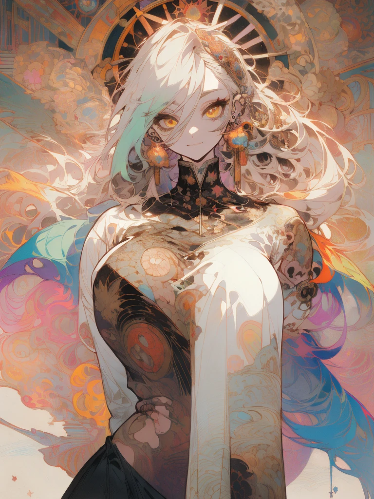 ((Ultra HD of the highest quality)), ((Masterpiece)), (Detailed: 1.4), (Absurd), The most beautiful and sexy punk rock girl, Long rainbow-colored hair fluttering in the wind, pale-skinned, Vibrant yellow eyes, Hot woman, Wear a very detailed hoodie, patterned shirt, and ripped skinny jeans, Sculptural body (((Huge huge)), Lots of tattoos and piercings(((Unkempt hair)), Very long and delicate eyelashes, By Mucha, niji --V5, near the real, Sexy dynamic pose, Pastel, Centered, Scale to fit the dimensions, graffiti style background, high detailed background, Perfect masterpiece, Best quality, Best resolution
