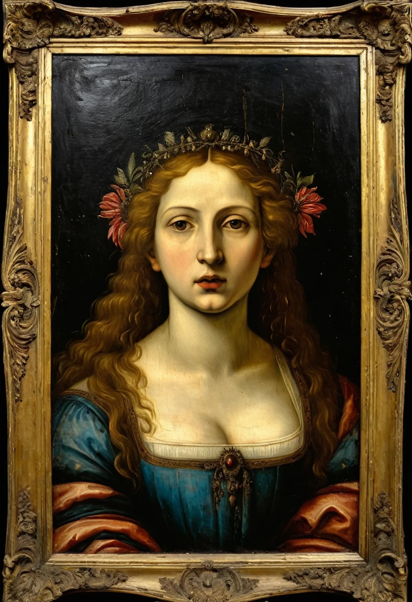 frame, old picture, horror, 1500 dated, oil paint, antique period,  the image was painted by a Renaissance artist. the painting must have signs of use and must be aged