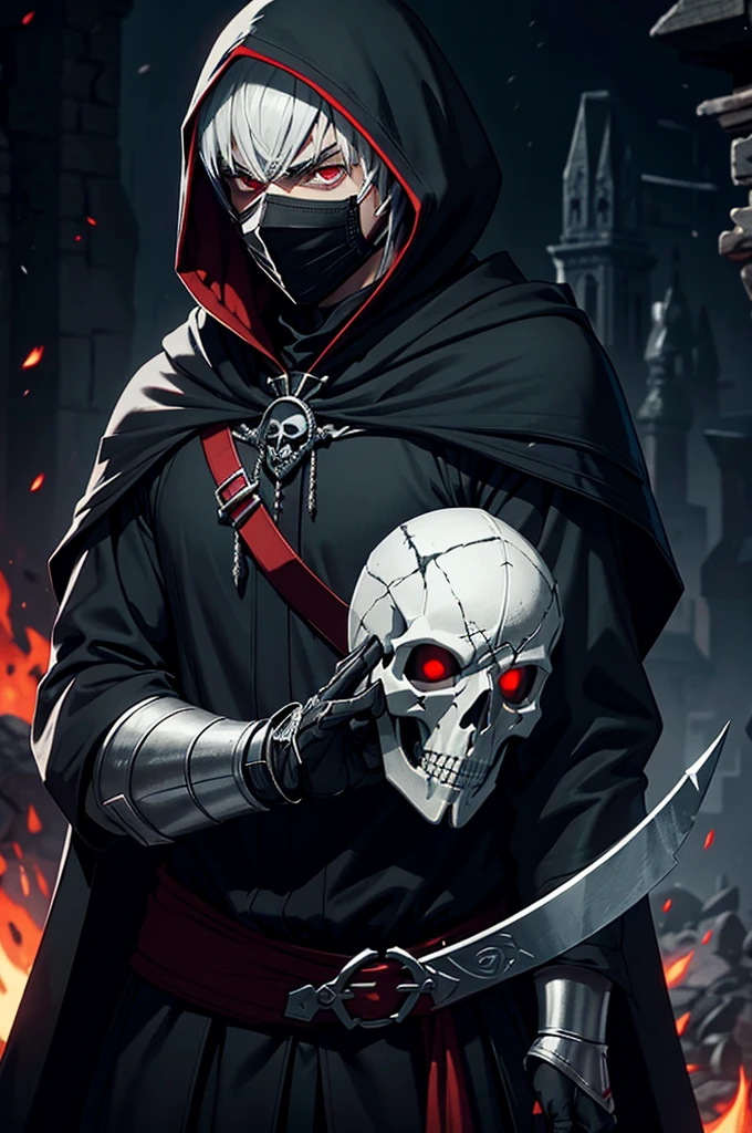"An assassin, male, fantasy character, physically strong, wearing a skull mask covering his face and eyes, dressed in black medieval attire, with a white hooded cloak over it, gray hair, short hair, red eyes, holding a dagger, nighttime background."