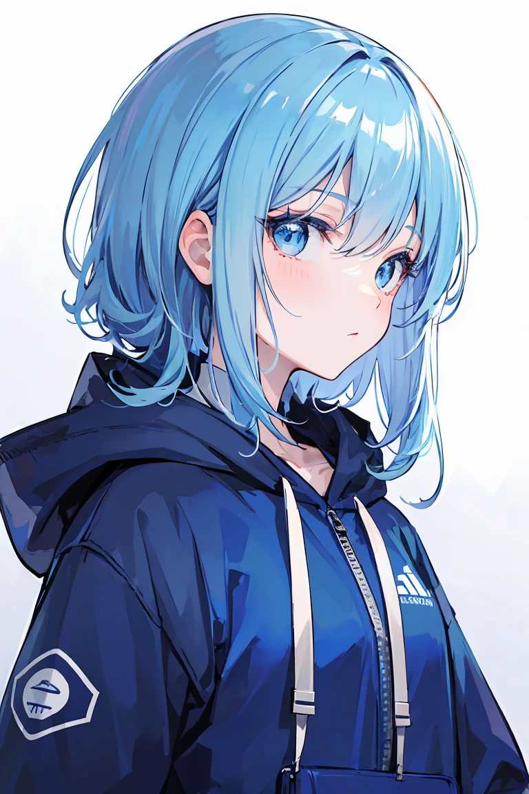 1 woman,light blue hair,blue eyes,blue and white hoodie,winter,looking at viewer,Profile picture, Eye-Level Shot