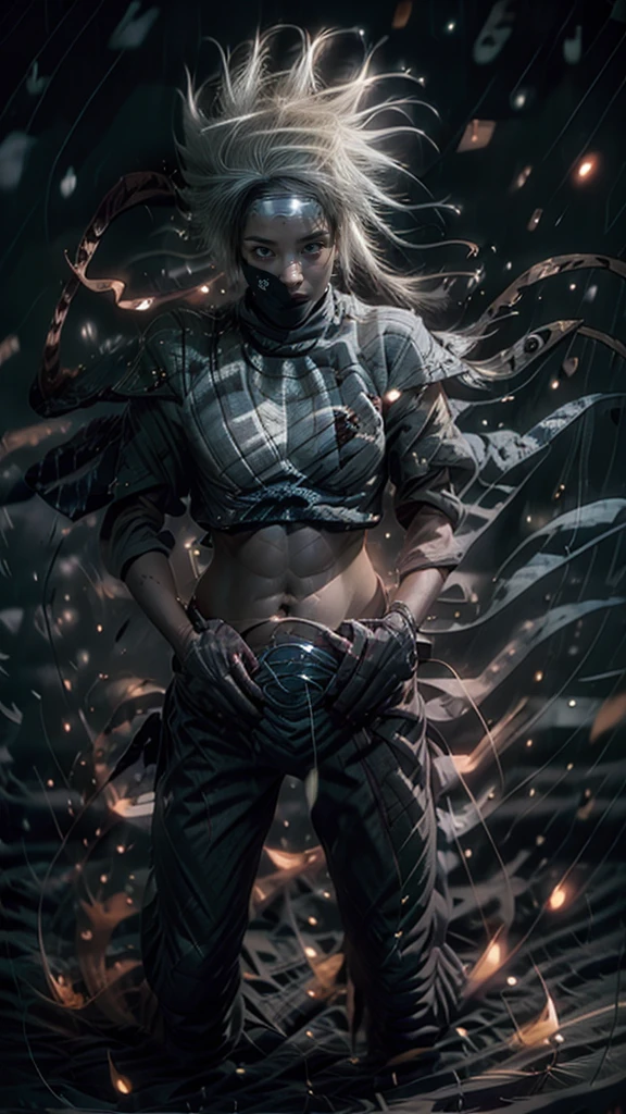 Moisturized skin, (red eyes), realistic body, (adult female body), energetic, (16 years old), (girl),
BREAK,
bright red lipstick, (beautiful navel), (silver hair), beautiful hair, long hair (Hatake Kakashi's clothes: 1.3),
BREAK,
((masterpiece + highest quality + high resolution + highly detailed)), (full body: 1.2), symmetrical, one shot,
BREAK,
(electric shock), (wind blows), (blue electricity), (battle stance: 1.4),
BREAK,
(large Japanese sword), ninja, inside a mansion, assassination, cut, kunai, fantastical, dynamic,