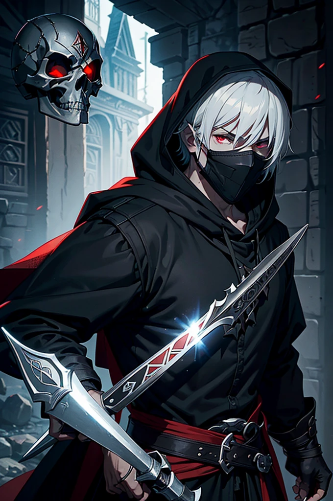 "An assassin, male, fantasy character, physically strong, wearing a skull mask covering his face and eyes, dressed in black medieval attire, with a white hooded cloak over it, gray hair, short hair, red eyes, holding a dagger, nighttime background."