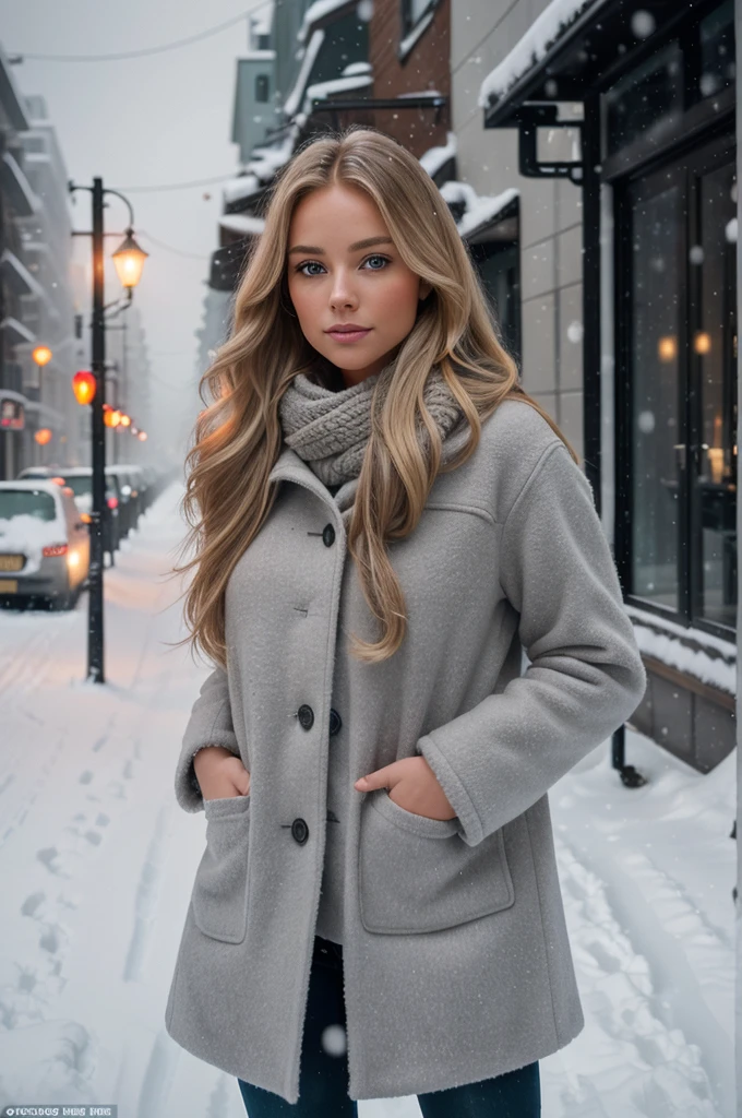 professional portrait photograph of a gorgeous 🙎♀️Norwegian girl in winter clothing with long wavy blonde hair, sultry flirty look, gorgeous symmetrical face, cute natural makeup, wearing elegant warm winter fashion clothing, ((standing outside in snowy city street)), stunning modern urban environment, ultra realistic, concept art, elegant, highly detailed, intricate, sharp focus, depth of field, f/1. 8, 85mm, medium shot, mid shot, (((professionally color graded))), bright soft diffused light, (volumetric fog), trending on instagram, hdr 4k, 8k