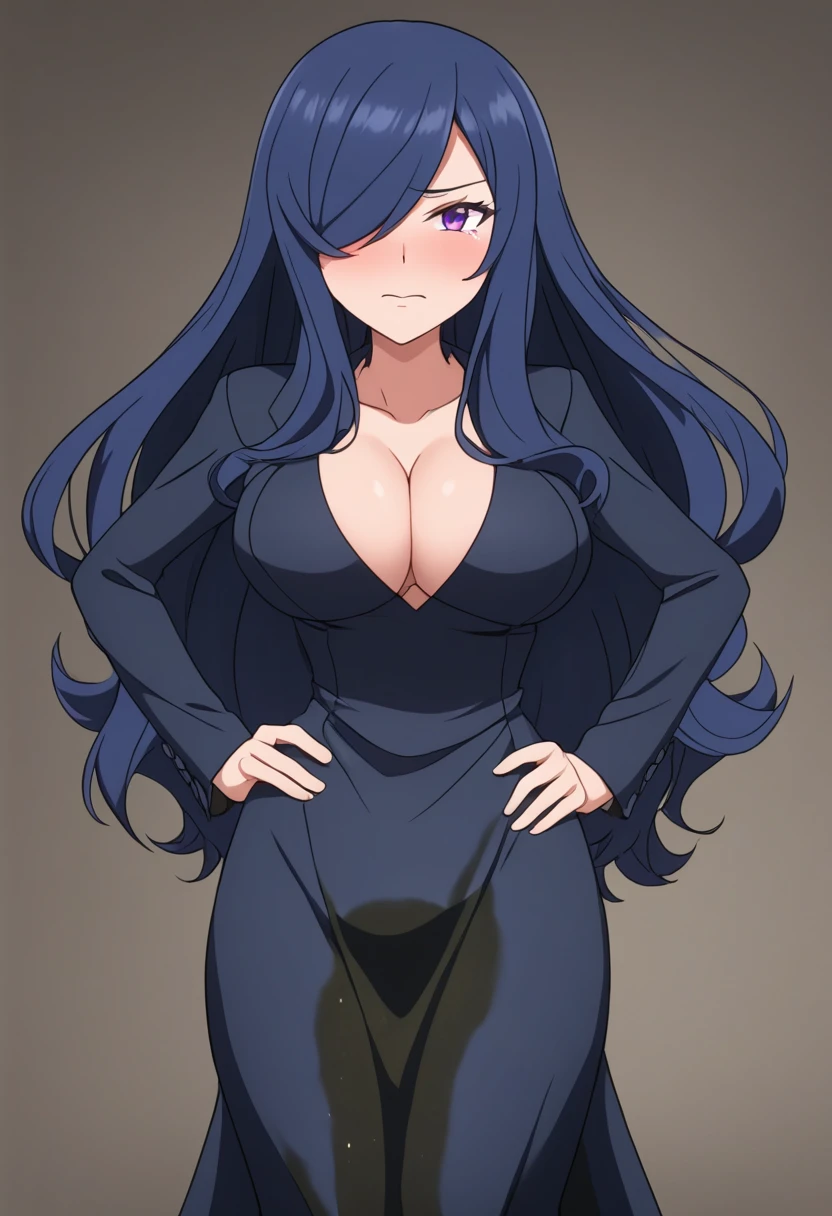 (high quality,Very detailed:1.37, High resolution), Woman, pokemoncynthia, large breasts, cleavage, (very dark blue hair:1.5), hair over one eye, long hair, purple eyes, black coat, black dress, very long dress, skintight dress, coat, looking at viewer, masterpiece, best quality, (wetting herself:2.0), (embarrassed:1.5), (humiliation:1.5), (sweating:1.25), (blushing:1.5), (standing:1.5), (hands on hips:1.5)