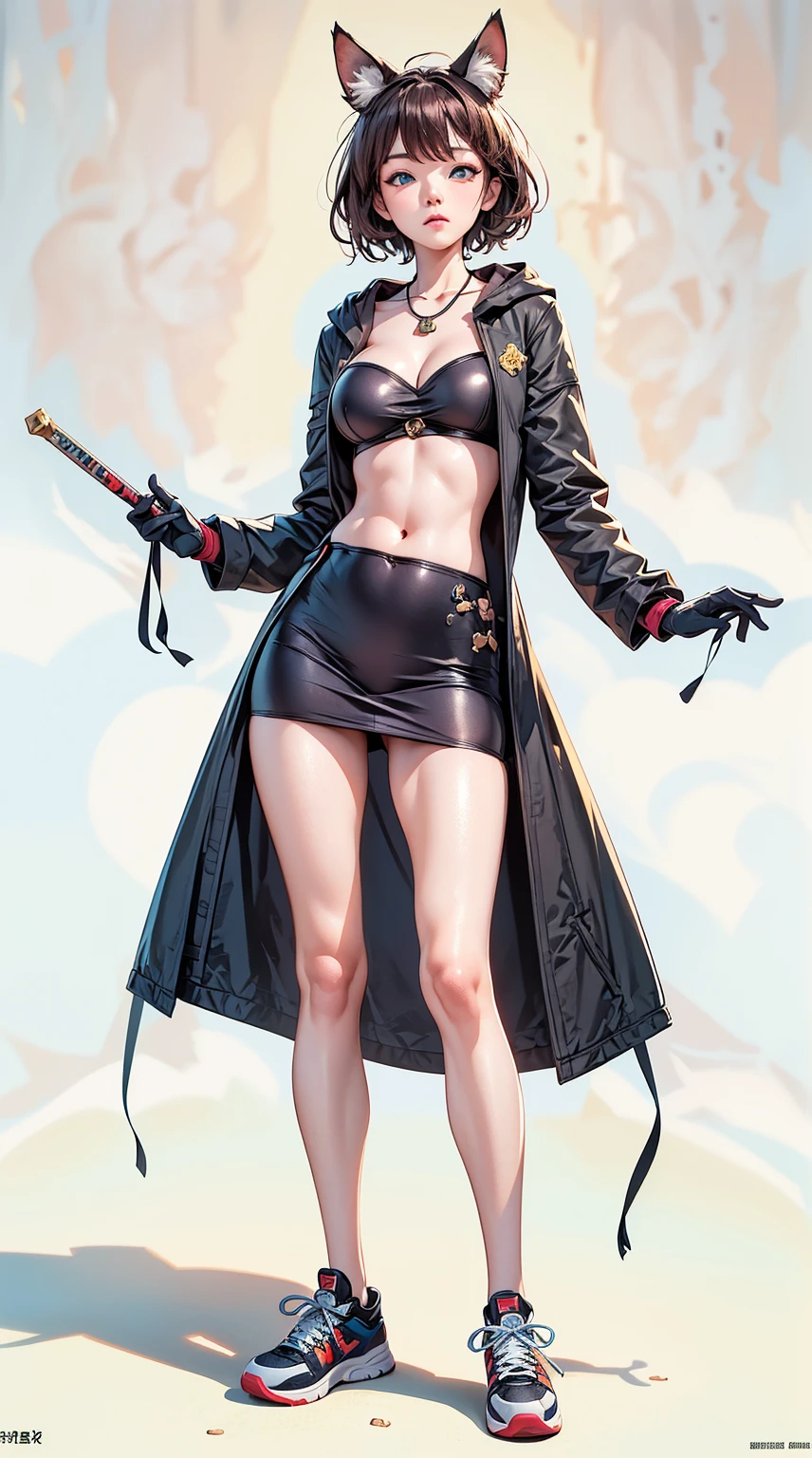 Oh, league of legend, sexy for, wallpapers, detailed eyes, fox ear, (fox tails), a skirt, (long pink fur), large breasts and hips, Looking at_Shown in_Looking atl espectador, short_hair, gloves, belly button, fail, blue_there are eyes, Eternal, full_body, weapon, Footwear, necklaces, negro_gloves, pulp, hooded, hair_overcome_Yoon_there are eyes, Cultivator_above, hoodie, negro_pants, sneakers, Cut_jacket, cyber punk character, Cut_hoodie