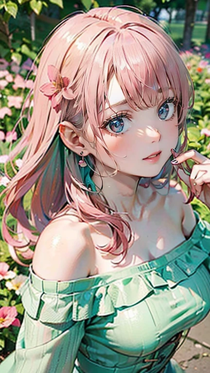 (Masterpiece, BestQuality:1.3), (ultra detailed:1.2), (hyperrealistic:1.3), (RAW photo:1.2), High detail RAW color photo, professional photograph, (Photorealistic:1.4), (realistic:1.4), (Pink Hair:1.5), professional lighting, perfect anatomy, (Big Breasts:1.2), (blush, detailed face), (A happy smile:1.7), sexly, erotic sexly, Random sexy gravure poses, (A beautiful, refreshing girl wearing a mint green off-shoulder dress、Smiling while picking flowers in a flower field、Pearl Earrings、Pose with flowers in hand。:1.3)