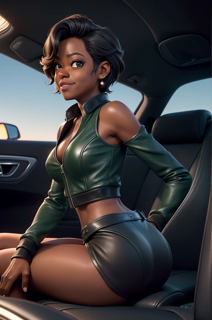 obra prima, melhor qualidade, ((only one woman,)) ((viola davis, dark black skin,)) looking over shoulder at me, big grin with dimples, ((wearing hunter green coarse grain leather minidress, leather bomber jacket, jacket has padded shoulders, jacket has stiff high collar,)) (((long , shiny leather bullet bra, erecples uather,))) body is very very skinny, skinny tight ass, ((sitting iuxury convertible car, arched shoulders, legs spread,)) (camera view above waist, back view of body,) shallow depth of field, highres, HD, 8k, anatomically correct