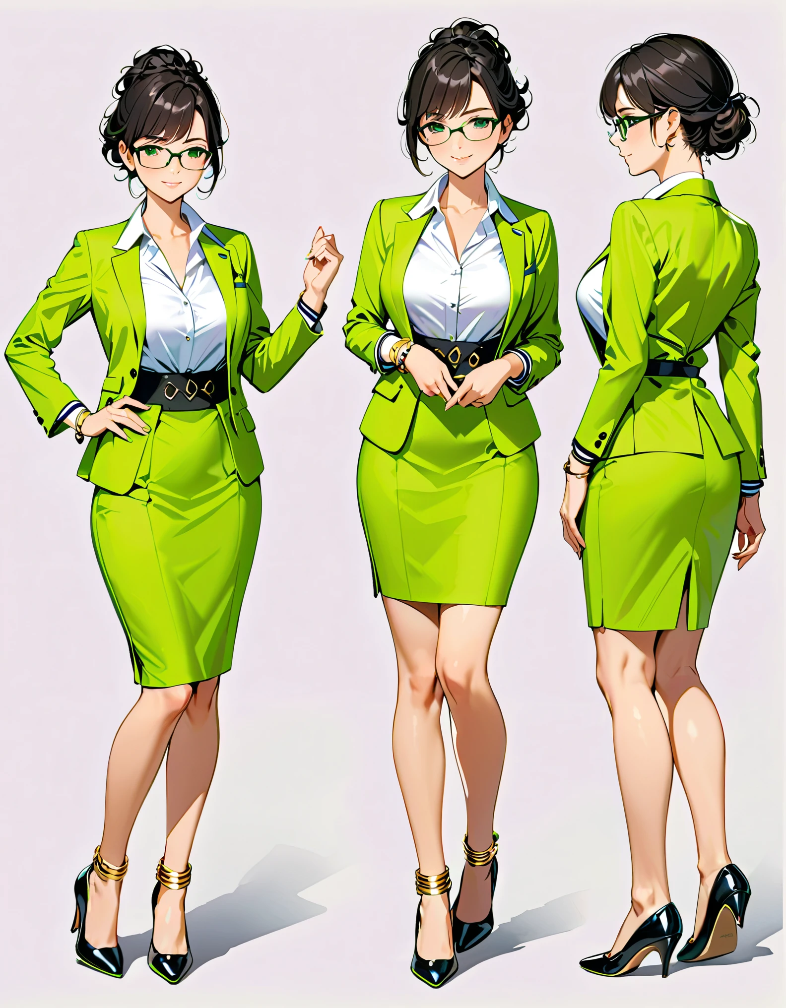 (masterpiece), (best quality), (hires), highly detailed, professional, 1lady, mature lady, tall body, jet black hair, short hair, tied up hair, green eyes, (glasses), beautiful detailed eyes, beautiful detailed face, beige skirt suit, open jacket, white dress shirt, open collar, medium lime green pencil skirt, medium breasts, matching shoes, (perfect hands, complete fingers), (gold bracelets), bare legs, solo, solo focus, standing, cowboy shot, full body shot, full body with costume, semi-realistic, friendly. Simple background, Multiple Views, Character Sheet Full-Length.