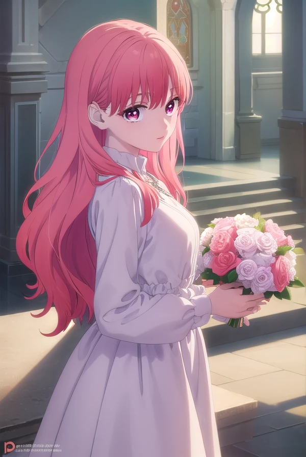 yukiitose, yuki itose, long hair, pink hair, red hair, (pink eyes:1.3),
BREAK  wedding dress, white dress, satin, lace, ballgown style, smiling, professional photograph, holding bouquet, bridal veil, earrings, necklace tiara, bow, diamonds
,
BREAK in a church, stained glass, at the altar
BREAK looking at viewer, (cowboy shot:1.5),
BREAK (masterpiece:1.2), best quality, high resolution, unity 8k wallpaper, (illustration:0.8), (beautiful detailed eyes:1.6), extremely detailed face, perfect lighting, extremely detailed CG, (perfect hands, perfect anatomy),