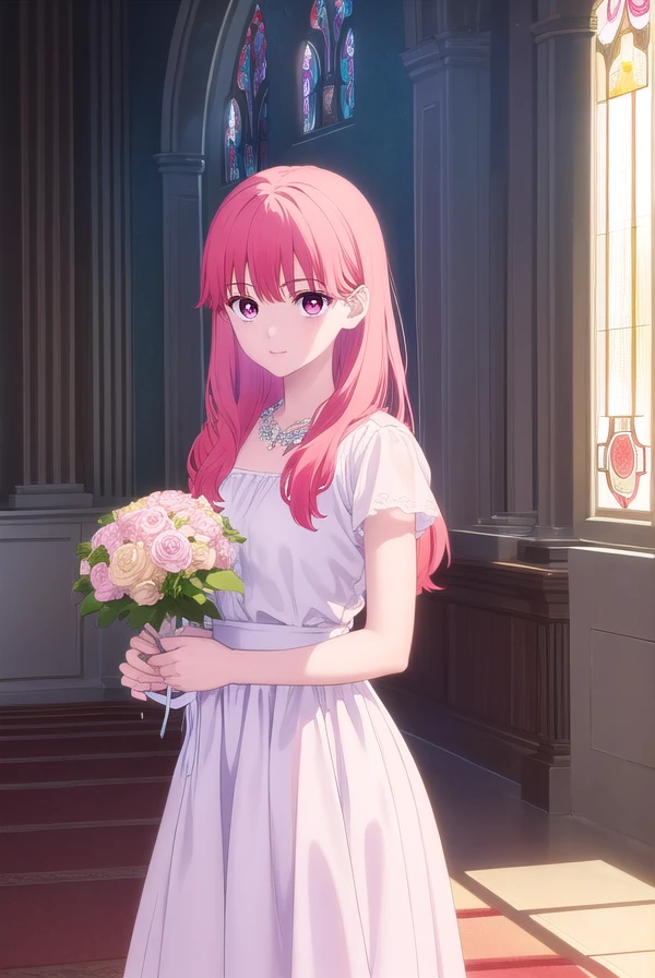 yukiitose, yuki itose, long hair, pink hair, red hair, (pink eyes:1.3),
BREAK  wedding dress, white dress, satin, lace, ballgown style, smiling, professional photograph, holding bouquet, bridal veil, earrings, necklace tiara, bow, diamonds
,
BREAK in a church, stained glass, at the altar
BREAK looking at viewer, (cowboy shot:1.5),
BREAK (masterpiece:1.2), best quality, high resolution, unity 8k wallpaper, (illustration:0.8), (beautiful detailed eyes:1.6), extremely detailed face, perfect lighting, extremely detailed CG, (perfect hands, perfect anatomy),