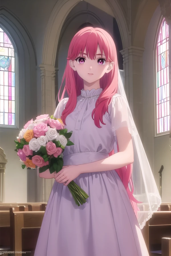 yukiitose, yuki itose, long hair, pink hair, red hair, (pink eyes:1.3),
BREAK  wedding dress, white dress, satin, lace, ballgown style, smiling, professional photograph, holding bouquet, bridal veil, earrings, necklace tiara, bow, diamonds
,
BREAK in a church, stained glass, at the altar
BREAK looking at viewer, (cowboy shot:1.5),
BREAK (masterpiece:1.2), best quality, high resolution, unity 8k wallpaper, (illustration:0.8), (beautiful detailed eyes:1.6), extremely detailed face, perfect lighting, extremely detailed CG, (perfect hands, perfect anatomy),