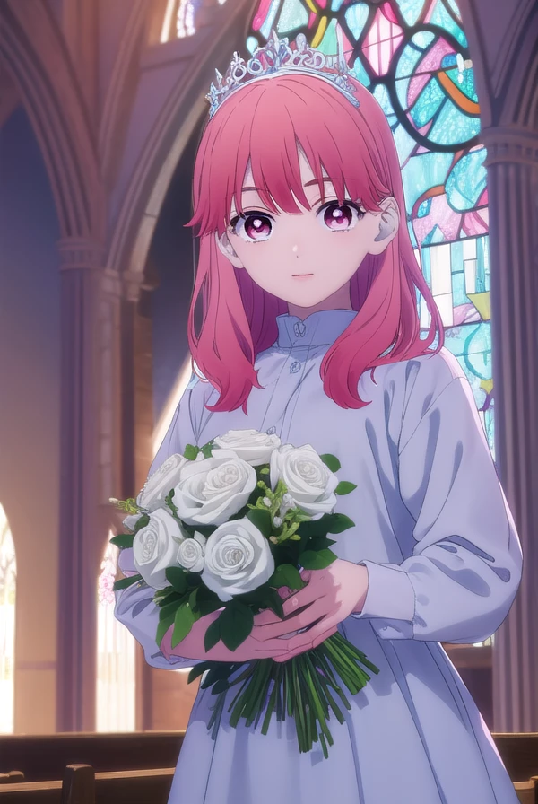 yukiitose, yuki itose, long hair, pink hair, red hair, (pink eyes:1.3),
BREAK  wedding dress, white dress, satin, lace, ballgown style, smiling, professional photograph, holding bouquet, bridal veil, earrings, necklace tiara, bow, diamonds
,
BREAK in a church, stained glass, at the altar
BREAK looking at viewer, (cowboy shot:1.5),
BREAK (masterpiece:1.2), best quality, high resolution, unity 8k wallpaper, (illustration:0.8), (beautiful detailed eyes:1.6), extremely detailed face, perfect lighting, extremely detailed CG, (perfect hands, perfect anatomy),