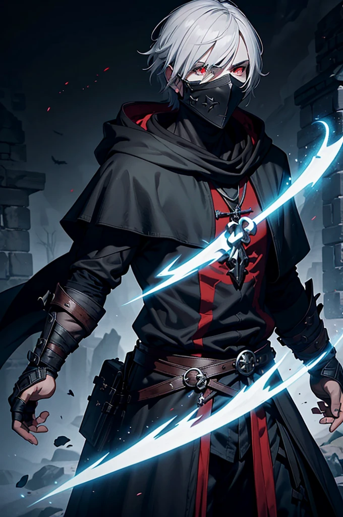 "An assassin, male, fantasy character, physically strong, wearing a skull mask covering his face and eyes, dressed in black medieval attire, with a white hooded cloak over it, gray hair, short hair, red eyes, holding a dagger, nighttime background."