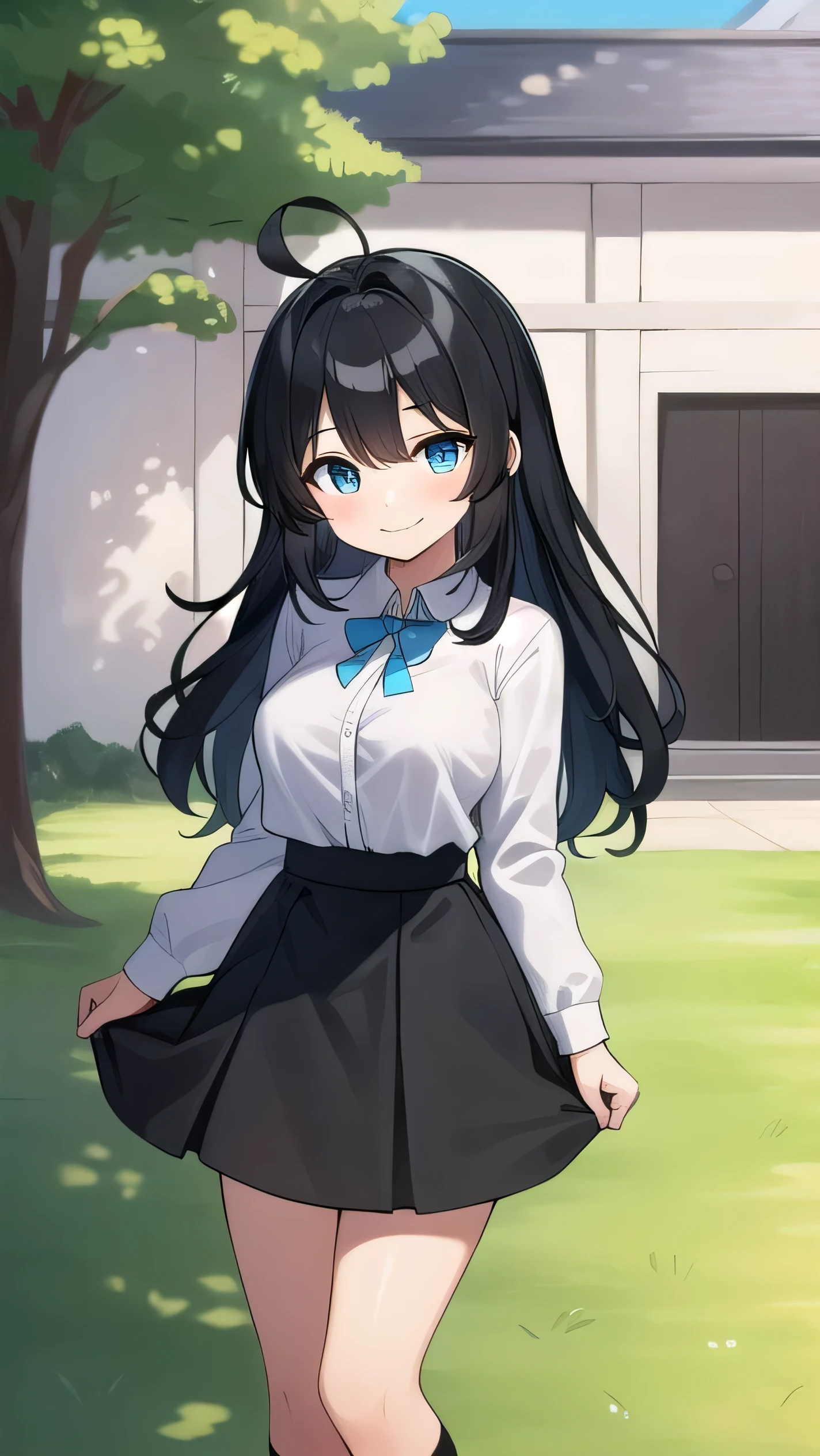 Junior high school student who looks like an elementary school student, 14 years old, (very short:1.3), 140cm tall, black hair with a slight green tinge, short ahoge, beautiful long hair but with a little hair sticking out, beautiful round eyes, blue eyes, smile, boyish, long sleeves , thick clothes, skirt, big breasts, hair longer than waist, long hair, young face, dark greenish black hair, gentle smile, a little shy, skirt is black, hair is black but has a slight green tinge, boyish and gentle smile I have.
