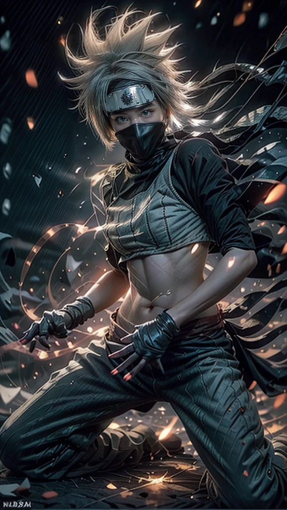 Moisturized skin, (red eyes), realistic body, (adult female body), energetic, (), (girl),
BREAK,
bright red lipstick, (beautiful navel), (silver hair), beautiful hair, long hair (Hatake Kakashi's clothes: 1.3),
BREAK,
((masterpiece + highest quality + high resolution + highly detailed)), (full body: 1.2), symmetrical, one shot,
BREAK,
(electric shock), (wind blows), (blue electricity), (battle stance: 1.4),
BREAK,
(large Japanese sword), ninja, inside a mansion, assassination, cut, kunai, fantastical, dynamic,