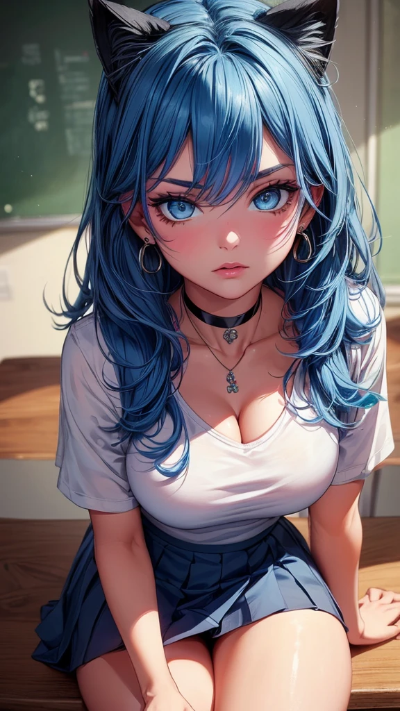 ((highest quality)),(ultra high resolution),(Super detailed),(detailed description),((best CG)),(best work of art),super precision art, great drawing art,(Art with precise details:1.5), 1 girl, solo, ((blue hair)), ((blue eyes)), beautiful face, long eyelashes, natural eyebrows, ((white t-shirt)), ((pink school skirt)), (looking at viewer), earrings, ear piercing, large breasts, thick thighs, cleavage, pale skin, angry expression, juicy lips, posing sexily, sultry eyes, ((long bangs)), ((black choker, necklace)), (cat ears), school, sitting on table