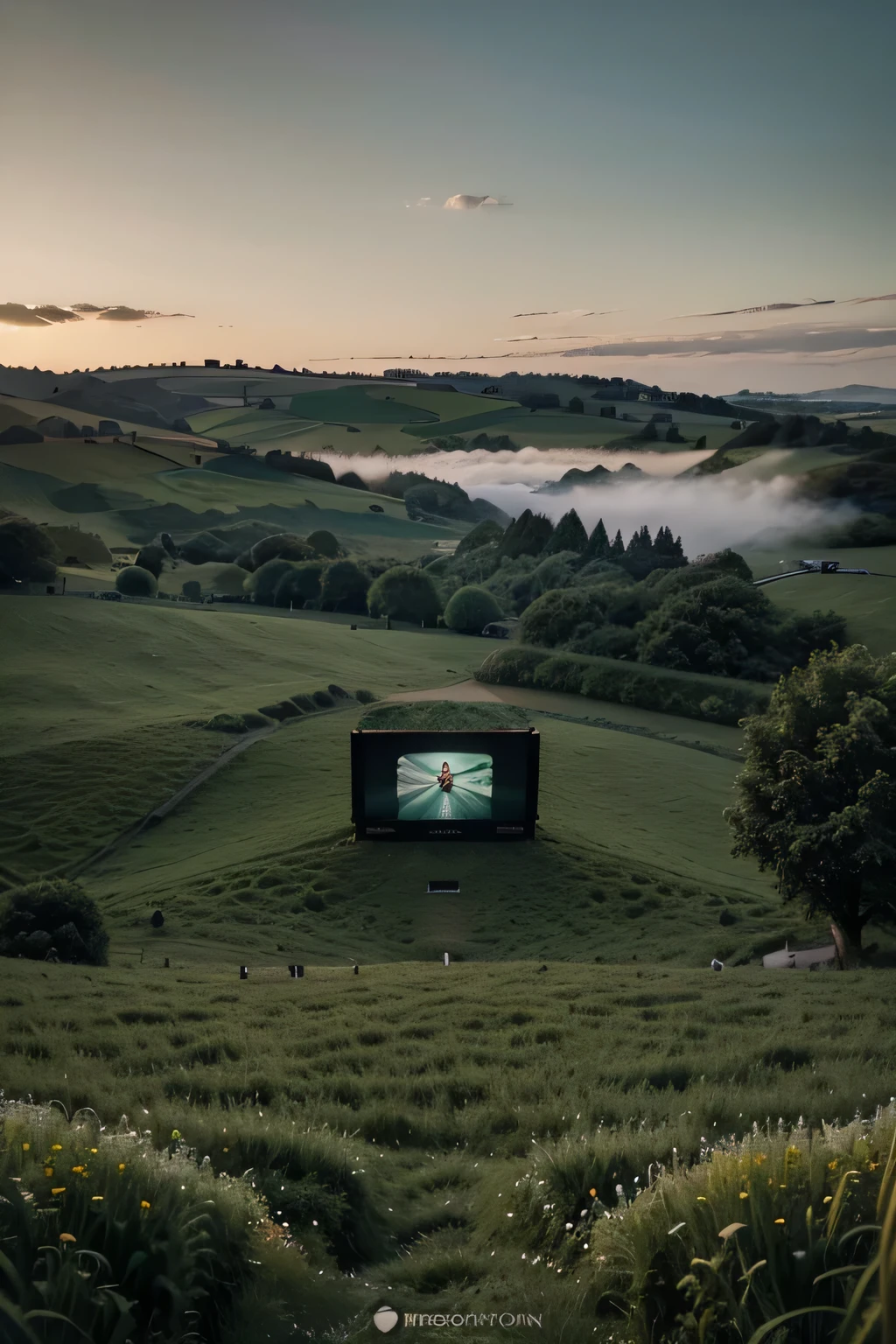 I want to see a cinema in the middle of the green hills and a lot of people enjoying it, but the first field with a cinema that you created for me in the middle of the green hills was great. Create it again. I want to have many followers and want likes and views, so everything is a realistic video. please I hope you do well