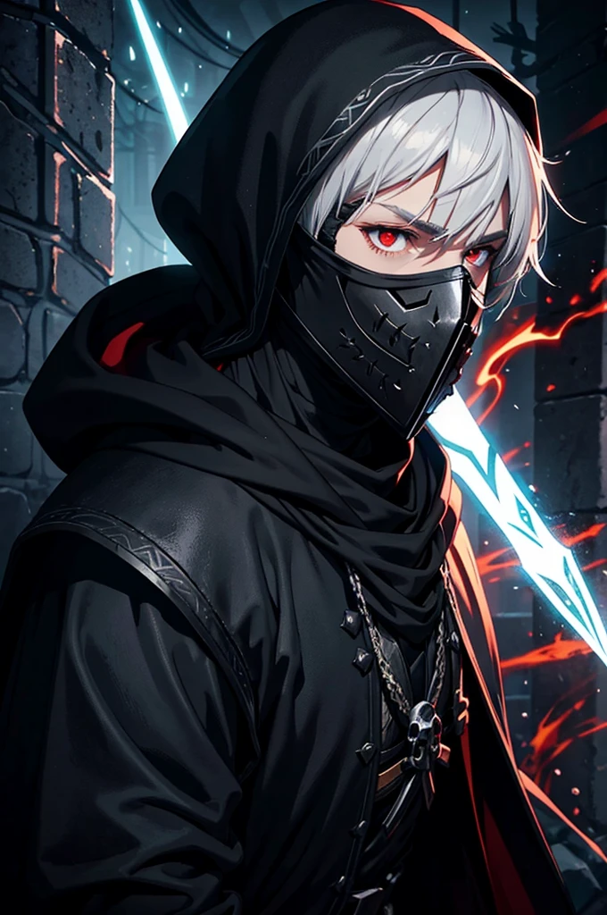 "An assassin, male, fantasy character, physically strong, wearing a skull mask covering his face and eyes, dressed in black medieval attire, with a white hooded cloak over it, gray hair, short hair, red eyes, holding a dagger, nighttime background."