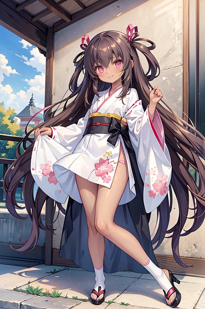 1girl, alone, (masterpiece), best quality, expressive eyes, perfect face, mizuki, small breasts, flat chest, dark skin, very long hair, ((brown hair)), hair between eyes, pink eyes, hair rings, looking at viewer, smiling, in the park ,Yukikaze Mizuki, full body, mini kimono, opening the kimono and showing the body, 
