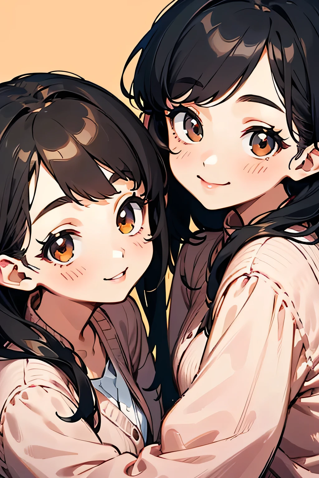 ((best quality)), ((masterpiece)), (detailed), 2girl, two girl, twin girl, dark hair, long hair, cute twin, cute girl, brown eyes, pastel clothes, cardigan, sweater, smile, happy girl, twin, twin , bright background, twin, long black hair, close up