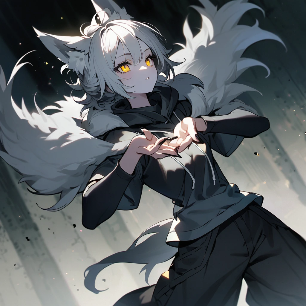 (well done: 1) woman, pale white skin, short white hair slightly messy up to the beginning of the neck with black tips, two large white wolf ears on the sides of the head, white wolf tail, yellow eyes, black pointed nails, four arms, white bands that go from forearms to hands, gray short-sleeved hooded sweatshirt, black baggy pants, black tights, black boots.