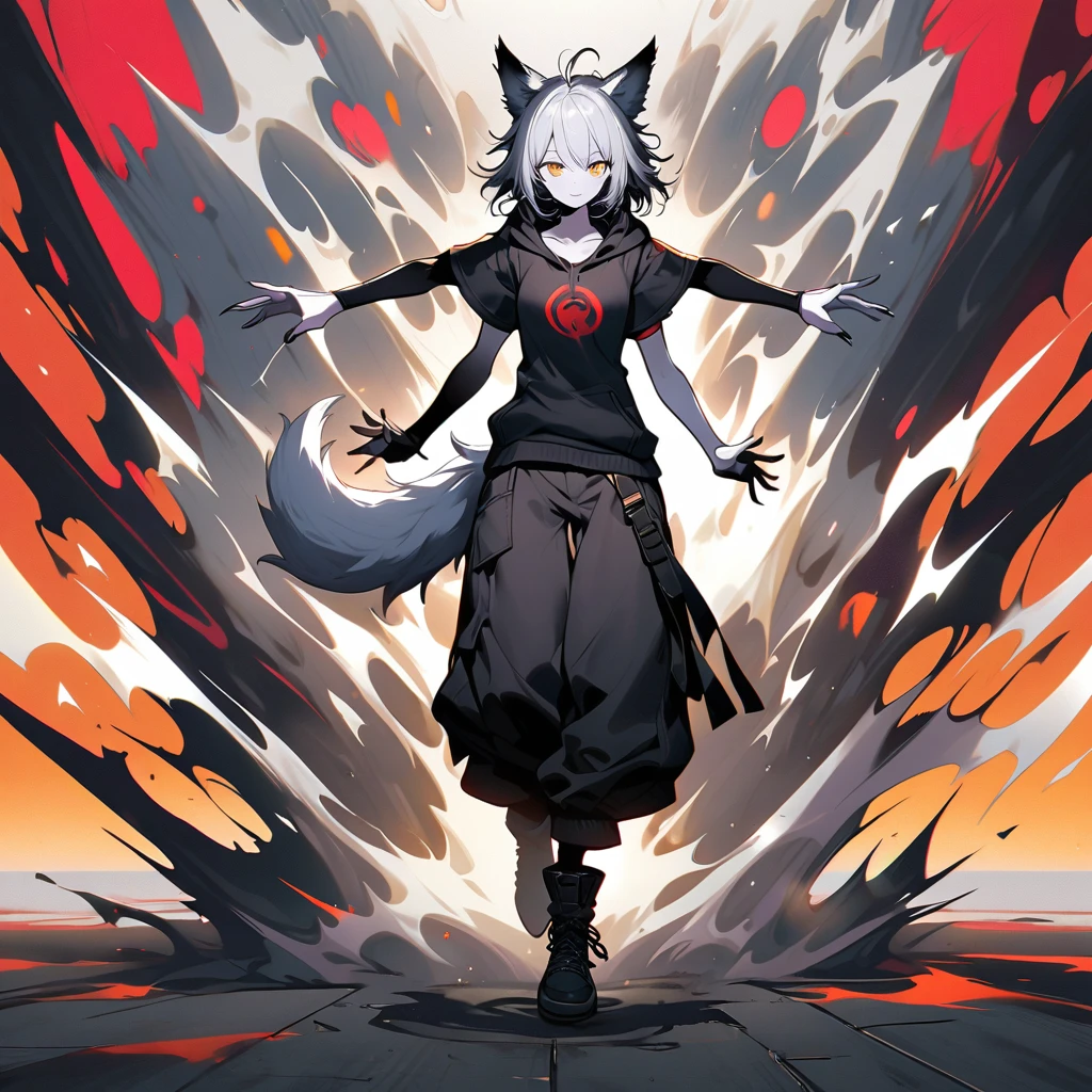 (well done: 1) woman, pale white skin, short white hair slightly messy up to the beginning of the neck with black tips, two large white wolf ears on the sides of the head, white wolf tail, yellow eyes, black pointed nails, four arms, white bands that go from forearms to hands, gray short-sleeved hooded sweatshirt, black baggy pants, black tights, black boots.