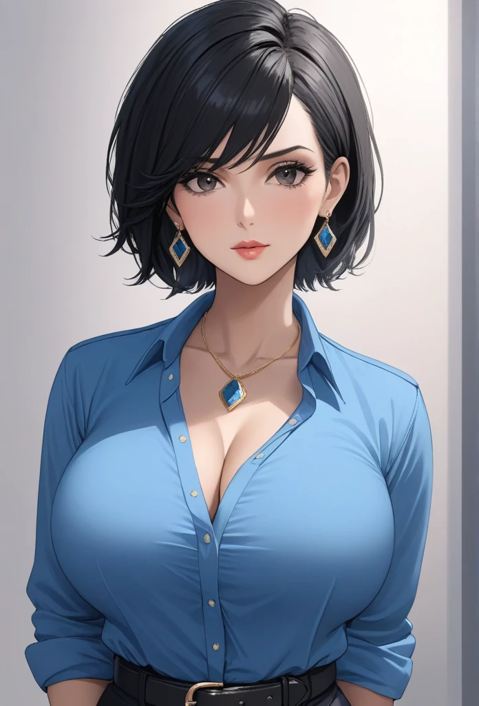 photorealistic, high resolution, 1women, mature female, solo, hips up, black hair, short hair, longsleeve blue shirt, belt, pants, police, cleavage, (downblouse), necklace,sharp jawline,makeup,big long diva jhumka earrings,