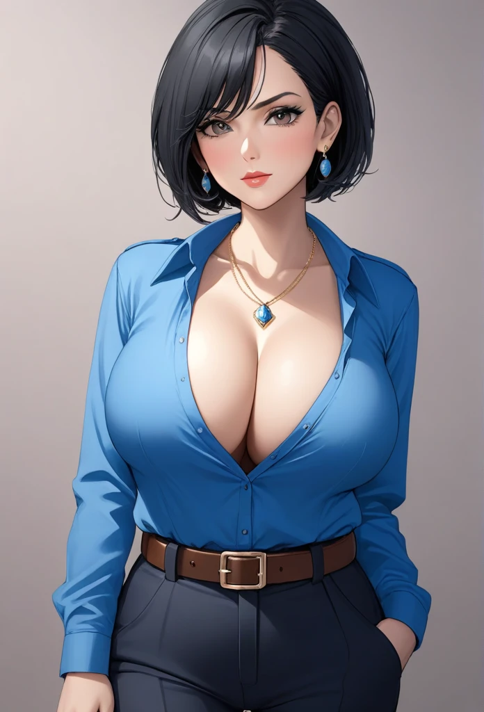 photorealistic, high resolution, 1women, female, solo, hips up, black hair, short hair, longsleeve blue shirt, belt, pants, police, cleavanblouse), necklace,sharp jawline,makeup,big long diva jhumka earrings,