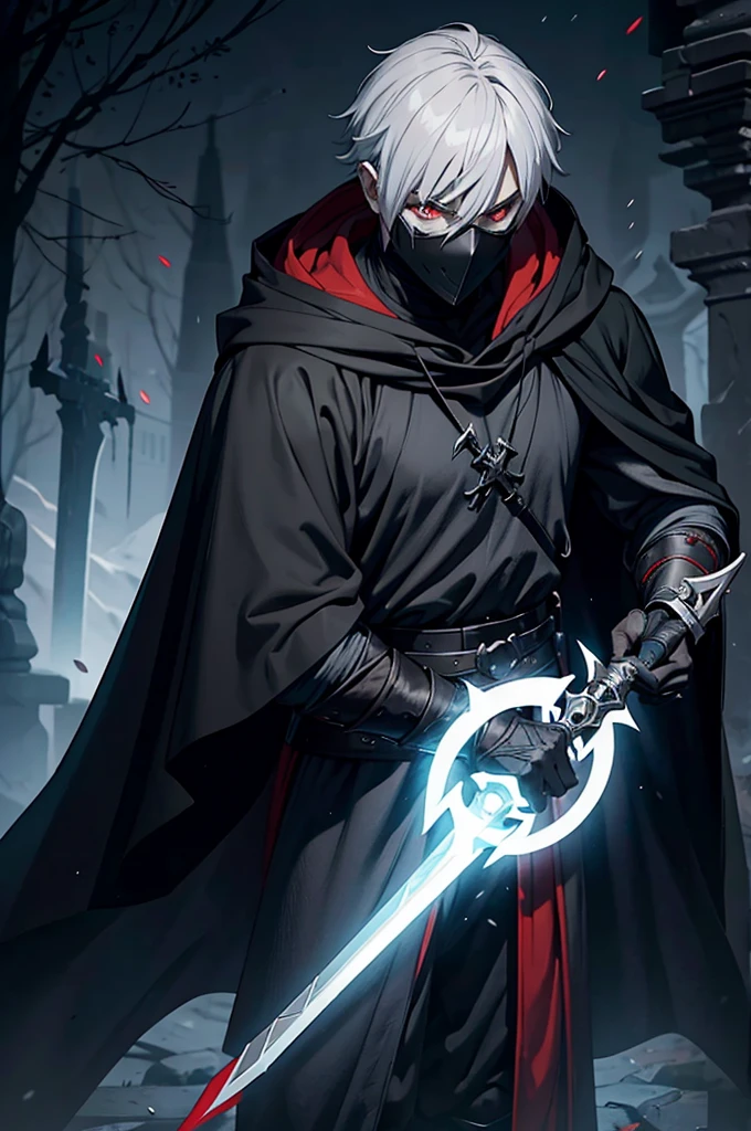 "An assassin, male, fantasy character, physically strong, wearing a skull mask covering his face and eyes, dressed in black medieval attire, with a white hooded cloak over it, gray hair, short hair, red eyes, holding a dagger, nighttime background."