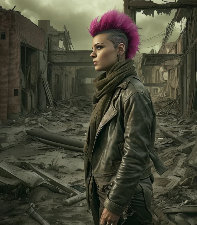 (masterpiece:1.2), (best quality,:1.2), 8k, HDR, ultra detailed, ((photorealistic)), professional light, cinematic lighting, fashion photography, ambient lighting, atmospheric effects, Heather, mohawk, dark makeup,  as a female Wasteland survivor, scarf, long leather coat, boots, leather pants, belt, leather top, exploring the ruins of a destroyed city, WasteAr, style of Mad Max, style of Fallout, epiCPhoto