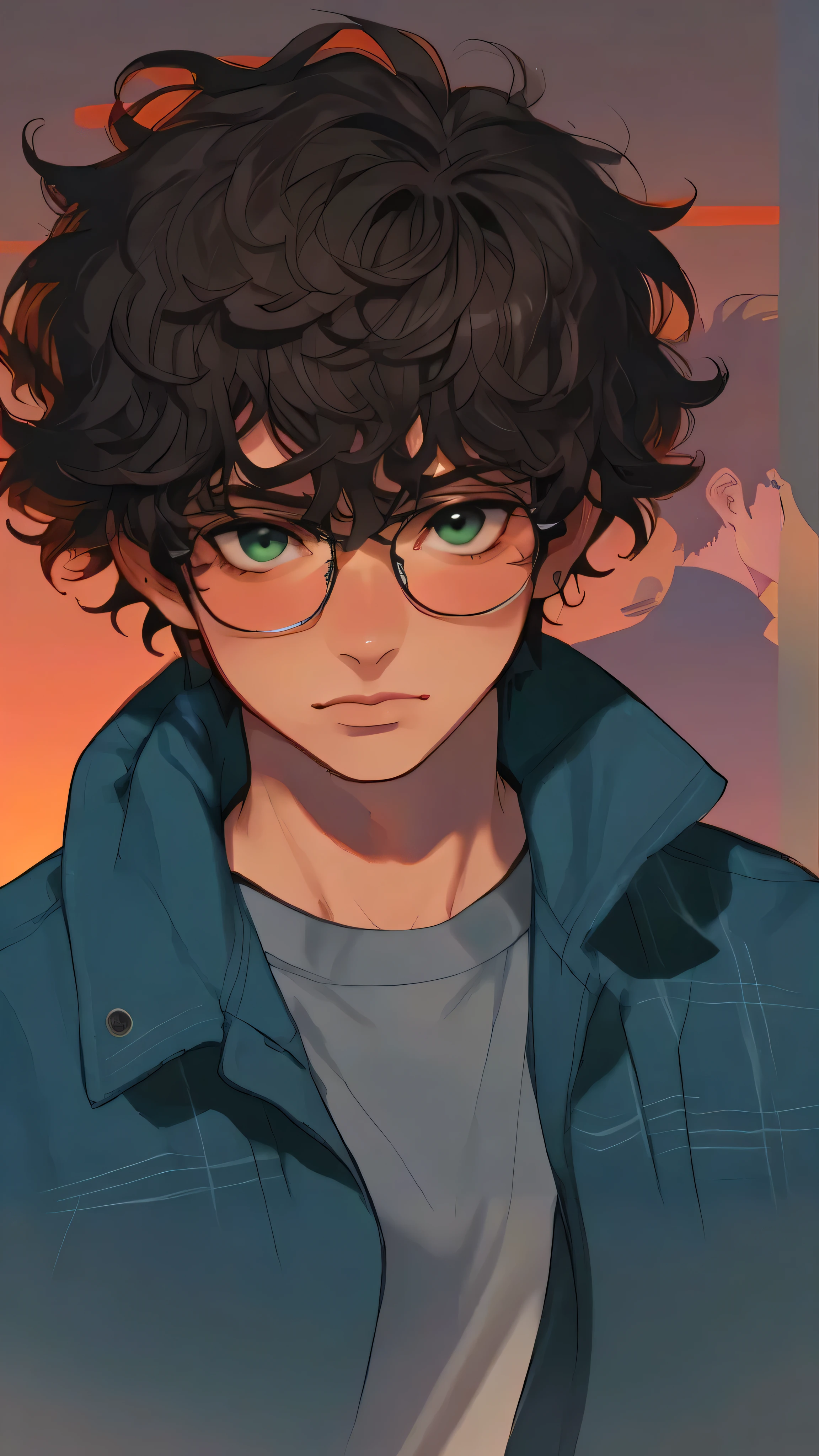 cartoon version character, male, standing, green eyes, wavy curly hair, glasses, student, dark, 18 years old, likes history.