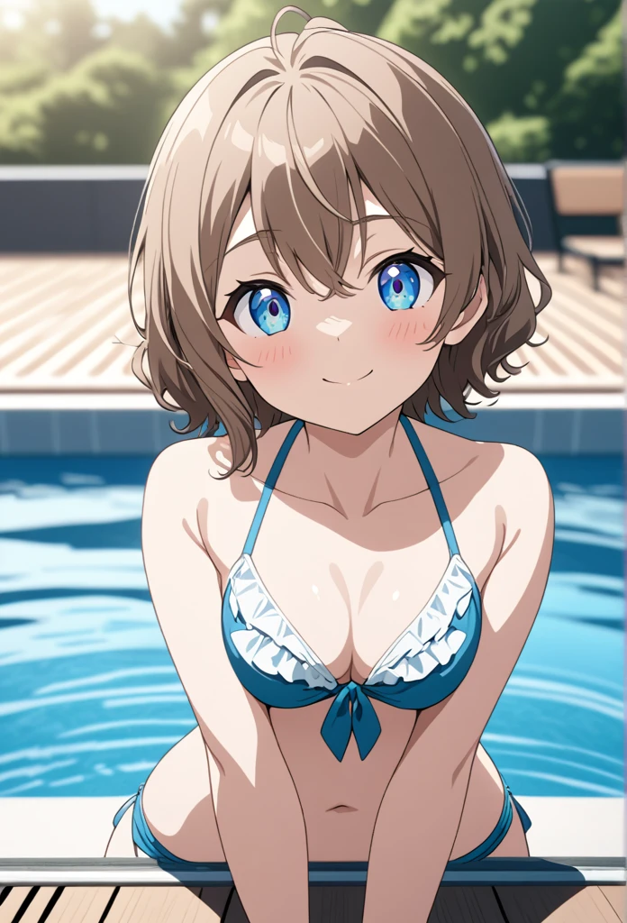 masterpiece, best quality, beautiful, exquisite, insanely detailed, hyper detailed, ultra detailed, poolside, , delightful, smiling, looking at viewer, short hair, brown hair, blue eyes, big eyes, Swimsuit, piercing, Japanese idol, on the poolside, in the afternoon, cute, beautiful, vibrant academia, in the style of luminosity of water, cell anime, anime, 2d anime, soft-edged, soft surface, half body photo, front view, golden ratio, sunlight,