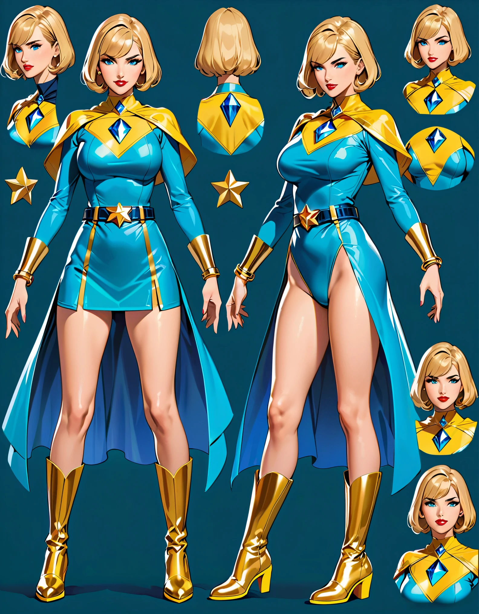 (masterpiece), (best quality), (hires), highly detailed, professional, 1lady, mature lady, tall body, (gold belt, tight belt), blonde hair, short hair, bob hair, blue eyes, beautiful detailed eyes, beautiful detailed face, (ankle-length boots, knee boots, yellow boots, yellow footwear), (large breasts, medium breasts), (teal and yellow leotard, sleeves, long sleeves, tight sleeves, perfect fit), perfect hands, complete fingers, (gold bracelets), (bare legs), red lips, solo, solo focus, superhero, ((gold star symbol on chest)), ((blue diamond belt buckle)), full body shot, full body with costume, semi-realistic, serious. Simple background, Multiple Views, Character Sheet Full-Length.