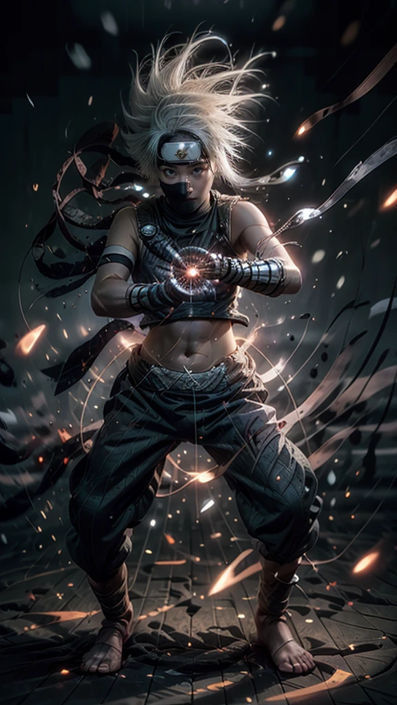 Moisturized skin, (red eyes), realistic body, (adult female body), energetic, (16 years old), (girl),
BREAK,
bright red lipstick, (beautiful navel), (silver hair), beautiful hair, long hair (Hatake Kakashi's clothes: 1.3),
BREAK,
((masterpiece + highest quality + high resolution + highly detailed)), (full body: 1.2), symmetrical, one shot,
BREAK,
(electric shock), (wind blows), (blue electricity), (battle stance: 1.4),
BREAK,
(large Japanese sword), ninja, inside a mansion, assassination, cut, kunai, fantastical, dynamic,