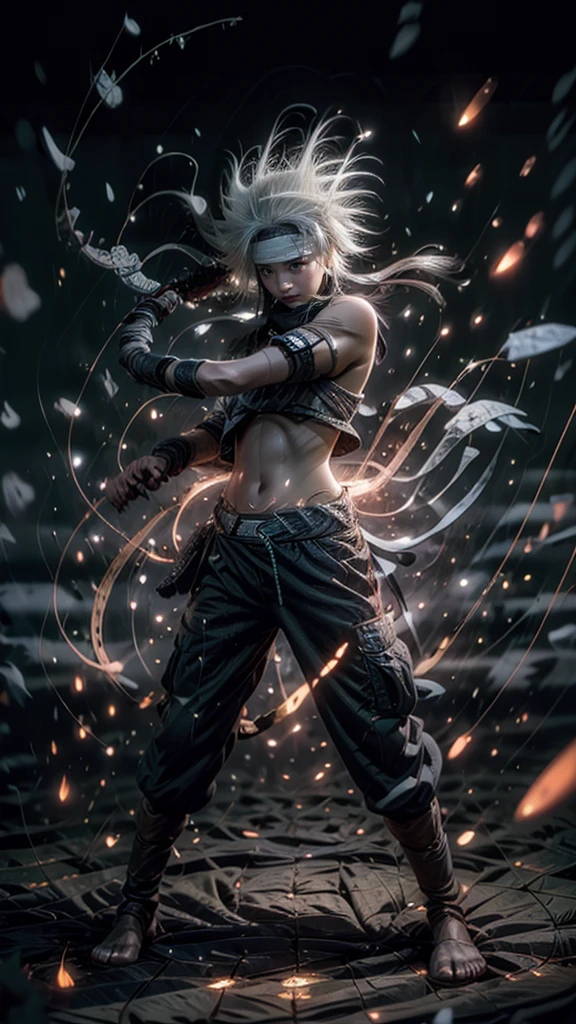 Moisturized skin, (red eyes), realistic body, (adult female body), energetic, (16 years old), (girl),
BREAK,
bright red lipstick, (beautiful navel), (silver hair), beautiful hair, long hair (Hatake Kakashi's clothes: 1.3),
BREAK,
((masterpiece + highest quality + high resolution + highly detailed)), (full body: 1.2), symmetrical, one shot,
BREAK,
(electric shock), (wind blows), (blue electricity), (battle stance: 1.4),
BREAK,
(large Japanese sword), ninja, inside a mansion, assassination, cut, kunai, fantastical, dynamic,