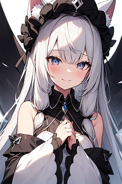 White chinchilla ears、black gothic clothing、White lace gloves、White chinchilla tail、Black headdress、A large black ribbon and jewel on her chest、Very long hair, Gray Hair, smile, Character portrait, Background blur, VTuber、Longitudinal pupils/cat&#39;s eyes, Illustration, Character Design, Black shoes、heterochromia