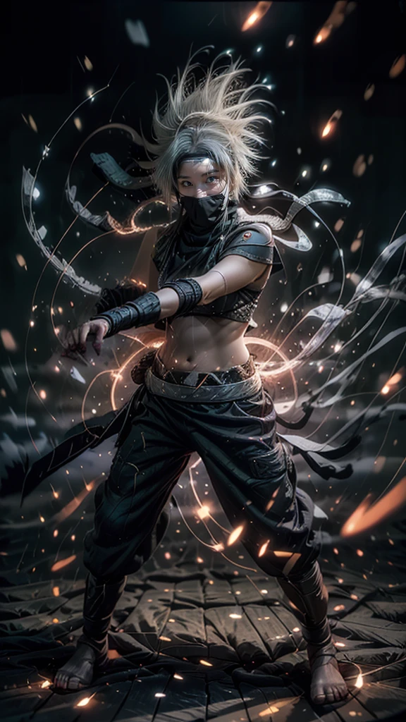 Moisturized skin, (red eyes), realistic body, (adult female body), energetic, (16 years old), (girl),
BREAK,
bright red lipstick, (beautiful navel), (silver hair), beautiful hair, long hair (Hatake Kakashi's clothes: 1.3),
BREAK,
((masterpiece + highest quality + high resolution + highly detailed)), (full body: 1.2), symmetrical, one shot,
BREAK,
(electric shock), (wind blows), (blue electricity), (battle stance: 1.4),
BREAK,
(large Japanese sword), ninja, inside a mansion, assassination, cut, kunai, fantastical, dynamic,
