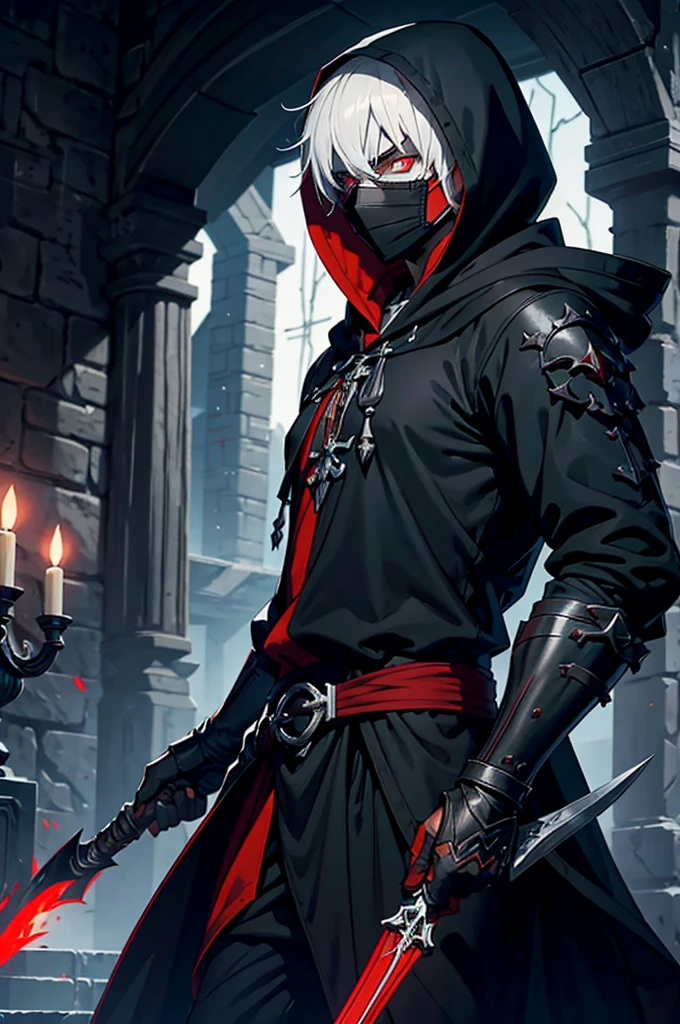 "An assassin, male, fantasy character, physically strong, wearing a skull mask covering his face and eyes, dressed in black medieval attire, with a white hooded cloak over it, gray hair, short hair, red eyes, holding a dagger, nighttime background."