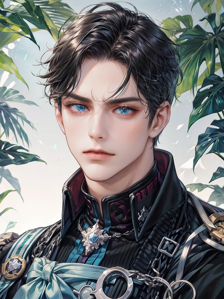 blue-eyed prince, marked jaw, manly face, squared chin, Bblack hair