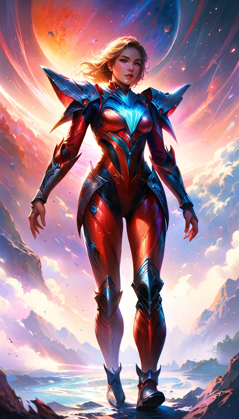 digital painting, (best quality,4k,8k,highres,masterpiece:1.2),ultra-detailed,(realistic,photorealistic,photo-realistic:1.37),sci-fi, dark fantasy, alien planet, full body shot, beautiful alien woman, award-winning moment, she win a deadly competition, joy and happy of winning, she hold the cosmic trophy of winning, lifts them up with his hand above head in a gesture of triumph, cosmic bloody armor, intricate details, surreal, dramatic lighting, cinematic, volumetric fog, otherworldly atmosphere, vibrant colors, chiaroscuro, cinematic angle, Cinematic Hollywood Film