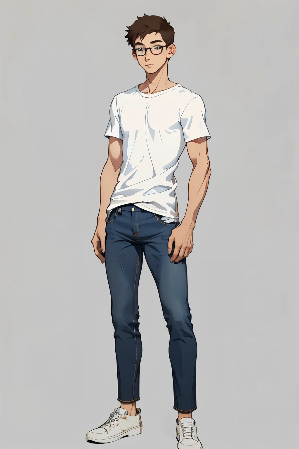 a skinny young man wearing a white t-shirt and blue jeans, short brown hair, round face, glasses, kind expression, full body, simple plain background