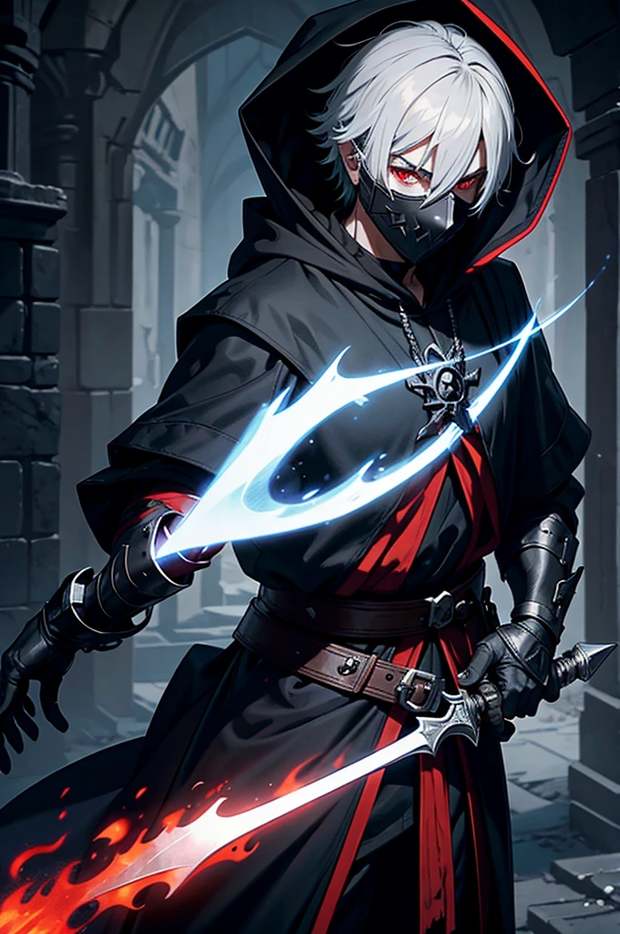 "An assassin, male, fantasy character, physically strong, wearing a skull mask covering his face and eyes, dressed in black medieval attire, with a white hooded cloak over it, gray hair, short hair, red eyes, holding a dagger, nighttime background."