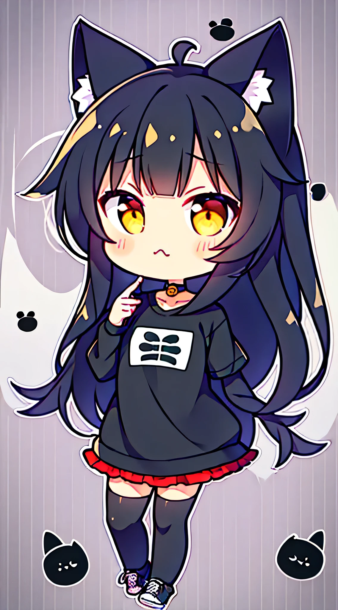 (Highest quality,4K,High resolution), Feminization of black cats,Cat ears,Cat ear headphones,Red long hair,Big eyes,Sharp Eye,Cold Eyes,Glare,Cool woman,Feline tail,Comical illustration,Vibrant color scheme,colorful,Transformational Design,Comical facial expression,cute
