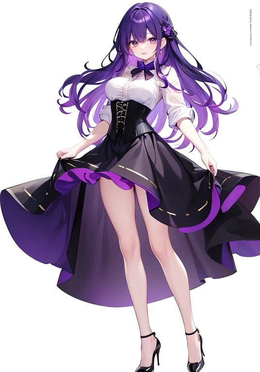 Purple hair,voluminous long hair,Adult female,((Roll up your sleeves)),(Corset),(Tight skirt),(high heels),((Simple White background)),Smile,((Full body)),((whole body))