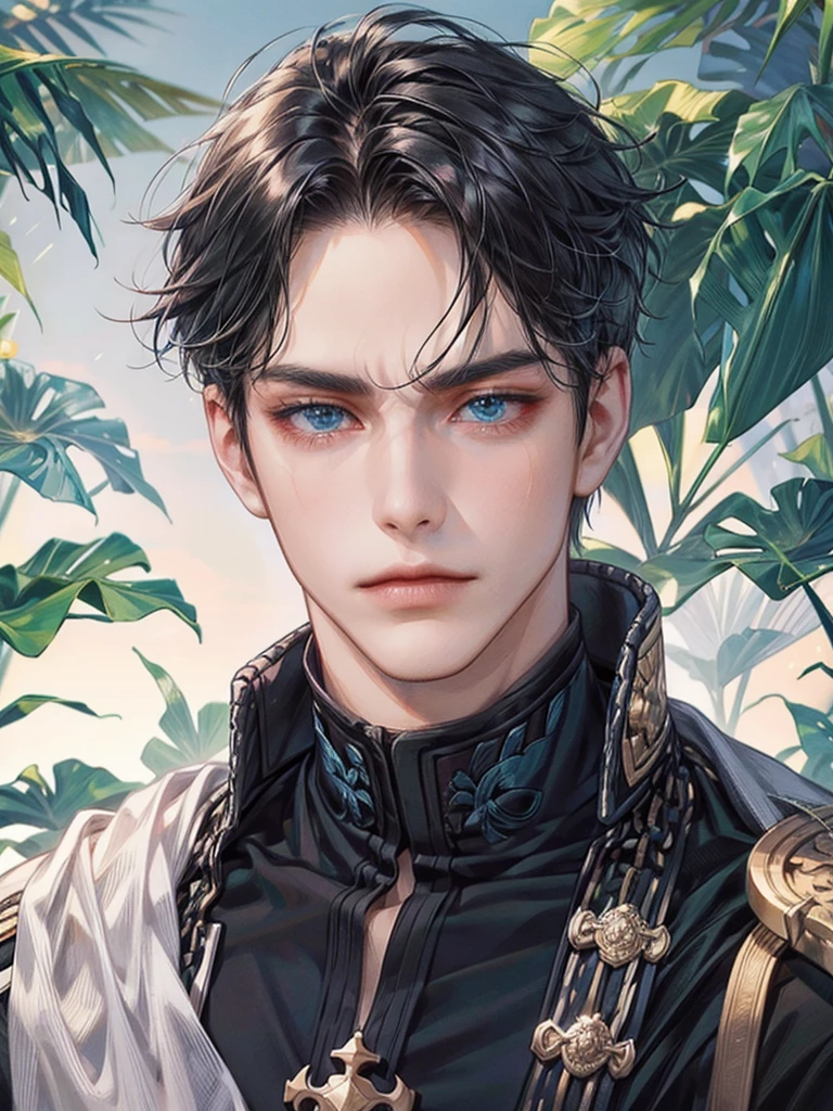 blue-eyed prince, marked jaw, manly face, squared chin, Bblack hair
