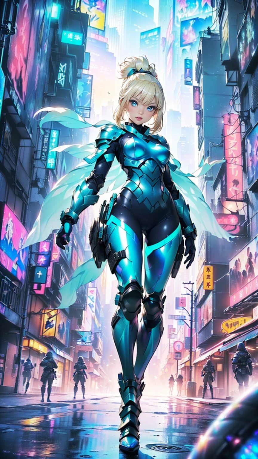 ((1woman, (solo, 1girl, alone), kohaku, blonde hair, blue eyes, tied hair)), smug, ((solo, (1woman, pink lipstick), Extremely detailed, ambient soft, (( seamless image fusion, best quality, super fine, extremely detailed, delicate and dynamic, cool and militant combatants, wearing hologram armored combat suits that fit tightly to the body and blend into the surrounding scenery, iridescent, background in the same color as the combat uniform, background Iridescent city, woman, cyber armor ))